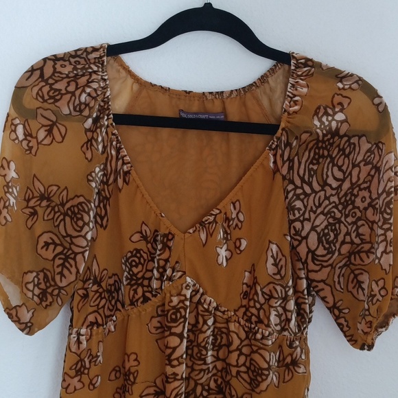 Y2K Hale Bob Womens Top Sz XS Gold Peasant Babydoll Velvet Burnout Puff Sleeves - Picture 2 of 9